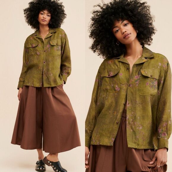 Free People | Found Floral Moss Camp Shirt Olive Green Button Down Medium - Picture 3 of 12